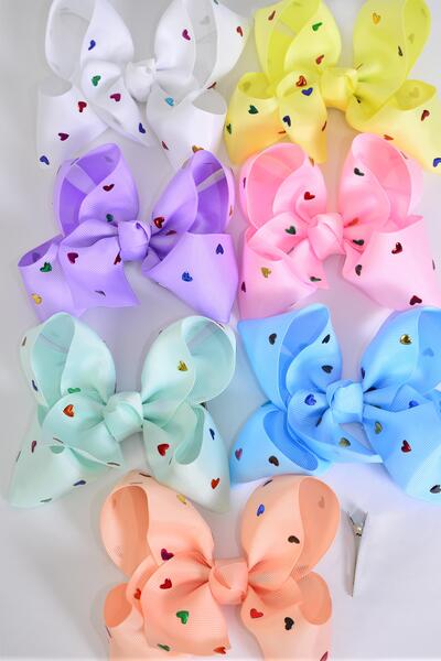 Hair Bow Jumbo Metallic Heart Studded Grosgrain Bow-tie / 12 pcs Bow = Dozen Alligator Clip , Size - 6" x 5", 2 White , 2 Baby Pink , 2 Lavender , 2 Blue , 2 Yellow , 1 Peach , 1 Mint Green Color Asst , Clip Strip & UPC Code