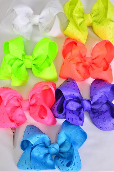 Hair Bow Jumbo Double Layered Carve Heart Caribbean Neon Grosgrain Bow-tie / 12 pcs Bow = Dozen  Alligator Clip , Size - 6" x 5" Wide , 2 Turquoise , 2 Orange , 2 White , 2 Purple , 2 Pink , 1 Yellow , 1 Lime Mix , Clip Strip and UPC Code