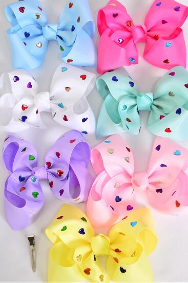 Hair Bow Jumbo Metallic Studded Hearts Grosgrain Bow-tie Pastel / 12 pcs Bow = Dozen Alligator Clip , Size - 6" x 5" , 2 White , 2 Pink , 1 Blue , 1 Yellow , 2 Lavender , 2 Hot Pink , 2 Mint Green Color Asst , Clip Strip & UPC Code