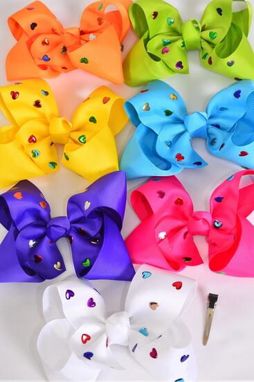 Hair Bow Jumbo Metallic Studded Hearts Grosgrain Bow-tie Citrus / 12 pcs Bow = Dozen Alligator Clip , Size - 6" x 5" Wide , 2 White , 2 Fuchsia , 2 Purple , 2 Yellow , 2 Blue , 1 Lime , 1 Orange Color Asst , Clip Strip & UPC Code