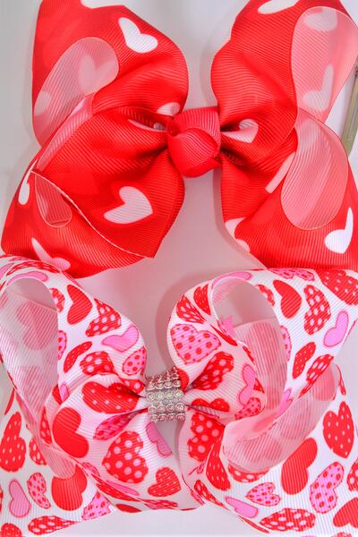 Hair Bow Jumbo Heart Mix Grosgrain Bow-tie / 12 pcs Bow = Dozen Alligator Clip , Bow - 6" x 5" Wide , 6 Of Each Pattern Asst , Clip Strip & UPC Code