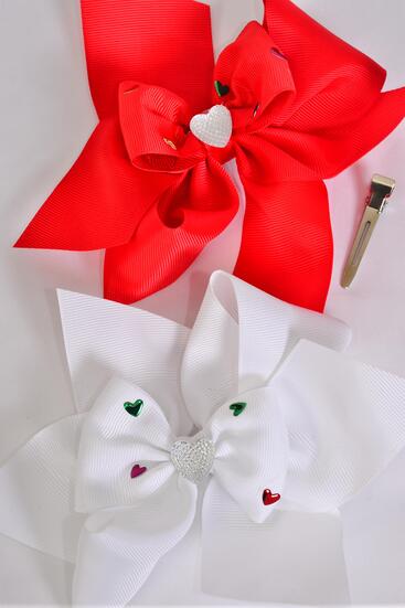 Hair Bow Jumbo Double Layered Heart Studded Grosgrain Bow-tie / 12 pcs Bow = Dozen Heart ,  Alligator Clip , Size - 6" x 5" , 6 Red , 6 White Asst , Clip Strip & UPC Code