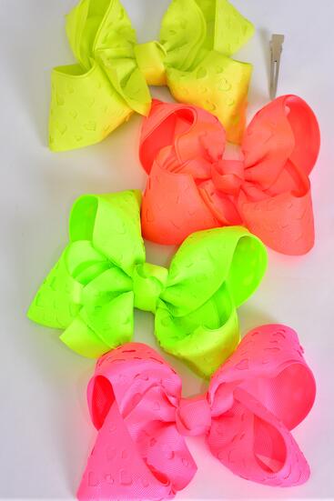 Hair Bow Jumbo Double Layered Carve Heart Neon Grosgrain Bow-tie / 12 pcs Bow = Dozen  Neon , Alligator Clip , Size - 6" x 5" Wide , 4 Of Each Color Asst , Clip Strip and UPC Code