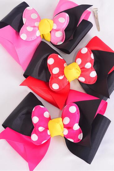 Hair Bow Extra Jumbo Bow Double Layered Polka dot Grosgrain Bow-tie Pink Mix / 12 pcs Bow = Dozen Alligator Clip , Size - 7" x 6" Wide , 4 Red , 4 Fucvhsia , 4 Hot Pink Color Asst , Clip Strip & UPC Code