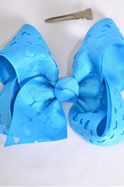 Hair Bow Jumbo Double Layered Carve Heart Blue Grosgrain Bow-tie / 12 pcs Bow = Dozen Blue ,  Bow Size- 6" x 5" Wide , Hang Tag & OPP Bag & UPC Code