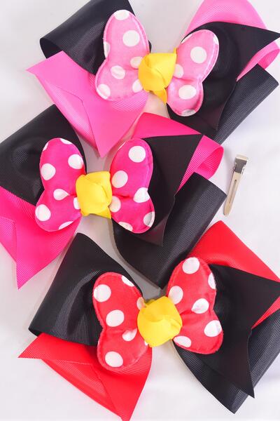Hair Bow Extra Jumbo Cheer Type Bow Double Layered Polka dot Grosgrain Bow-tie Pink Mix / 12 pcs Bow = Dozen  Alligator Clip , Size - 7" x 6" Wide , 4 Red , 4 Fucvhsia , 4 Hot Pink Color Asst , Clip Strip & UPC Code