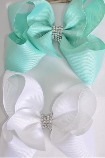 Hair Bow Jumbo Center Clear Stones Aqua White Color Mix Grosgrain Bow-tie / 12 pcs Bow = Dozen  Alligator Clip , Bow - 6" x 5" , 6 Aqua , 6 white Color Asst , Clip Strip & UPC Code