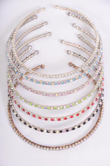 Necklace Choker Flexible Rhinestone Asst / 12 pcs = Dozen Asst , Flexible , 16" Wide , 2 Red , 2 Pink , 2 Blue , 2 Silver Clear , 2 Lime , 2 Gold Clear Asst , Black Velvet Display Card & OPP Bag & UPC Code