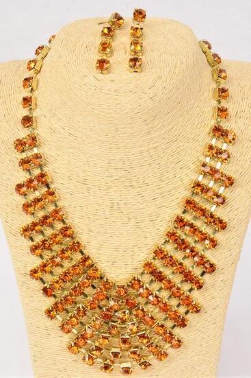 Necklace Sets Rhinestone Amber /  Set   Amber , Post , 18" Long Extension Chain , Black Velvet Display Card & OPP bag & UPC Code