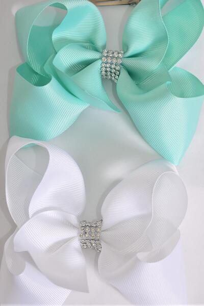 Hair Bow Jumbo Center Clear Stones Aqua White Color Mix Grosgrain Bow-tie / 12 pcs Bow = Dozen  Alligator Clip , Bow - 6" x 5" , 6 Aqua , 6 white Color Asst , Clip Strip & UPC Code