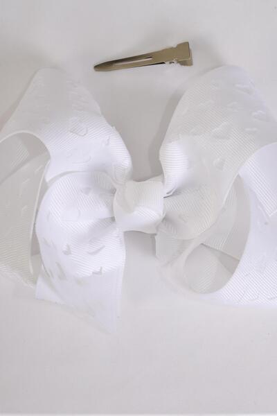 Hair Bow Jumbo Double Layered Carve Heart White Grosgrain Bow-tie / 12 pcs Bow = Dozen White , Bow Size- 6" x 5" Wide , Hang Tag & OPP Bag & UPC Code