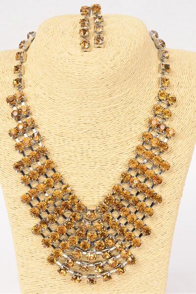 Necklace Sets Fancy Rhinestone Sets / 12 sets = Dozen Post , 18" W Extension Chain , Choose Colors , Black Velvet Display Card & OPP Bag & UPC Code