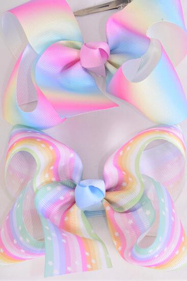 Hair Bow Jumbo Pastel Tiedye Rainbow Stars Grosgrain Bow-tie /  12 pcs Bow = Dozen  Alligator Clip , Size - 6" x 5" Wide , 6 Of Each Pattern Asst , Clip Strip & UPC Code