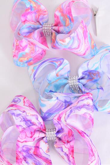 Hair Bow Jumbo Abstract Rainbow Tiedye Water Colors Grosgrain Bow-tie / 12 pcs Bow = Dozen  Alligator Clip , Size - 6" x 5" Wide , 3 Of Each Pattern Asst , Clip Strip & UPC Code