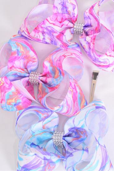 Hair Bow Jumbo Abstract Rainbow Tiedye Water Colors Grosgrain Bow-tie / 12 pcs Bow = Dozen  Alligator Clip , Size - 6" x 5" Wide , 3 Of Each Pattern Asst , Clip Strip & UPC Code