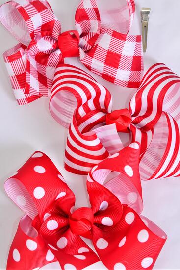Hair Bow Jumbo Polka dots Plaid  Stripe Pattern Mix Grosgrain Bow-tie Red / 12 pcs Bow = Dozen Red Mix , Alligator Clip , Bow - 6" x 5" Wide , 4 of each Pattern Asst , Clip Strip & UPC Code