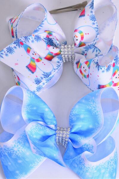 Hair Bow Jumbo Snowflake Snowman Winter Wonderland Theme Mix Grosgrain Bow-tie / 12 pcs Bow = Dozen Christmas , Alligator Clip , Size - 6" x 5" Wide , 6 Of Each Pattern Asst , Clip Strip & UPC Code