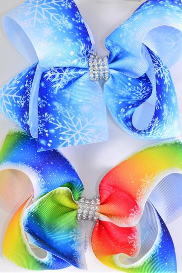 Hair Bow Jumbo Snowflake Grosgrain Bow-tie / 12 pcs Bow = Dozen  Snowflake , Alligator Clip , Size - 6" x 5" Wide , 6 Of each Pattern Asst , Clip Strip & UPC Code