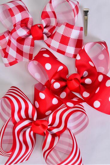 Hair Bow Jumbo Polka dots Plaid  Stripe Pattern Mix Grosgrain Bow-tie Red / 12 pcs Bow = Dozen Red Mix , Alligator Clip , Bow - 6" x 5" Wide , 4 of each Pattern Asst , Clip Strip & UPC Code