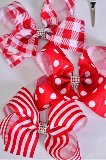Hair Bow Jumbo Plaid Polka dots Stripe Mix Grosgrain Bow-tie Red / 12 pcs Bow = Dozen Red Mix , Alligator Clip , Bow - 6" x 5" Wide , 4 of each Pattern Asst , Clip Strip & UPC Code