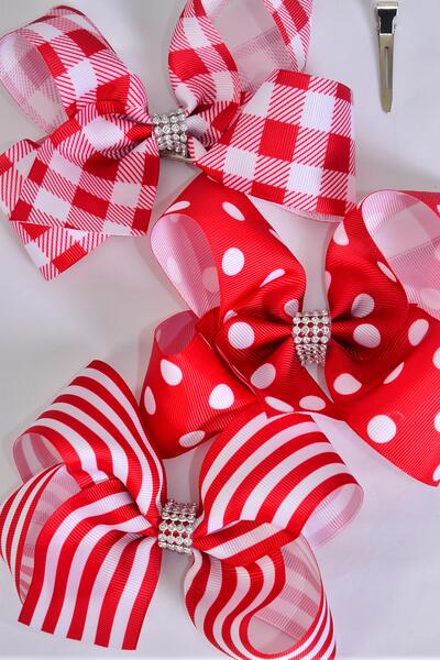 Hair Bow Jumbo Plaid Polka dots Stripe Mix Grosgrain Bow-tie Red / 12 pcs Bow = Dozen Red Mix , Alligator Clip , Bow - 6" x 5" Wide , 4 of each Pattern Asst , Clip Strip & UPC Code