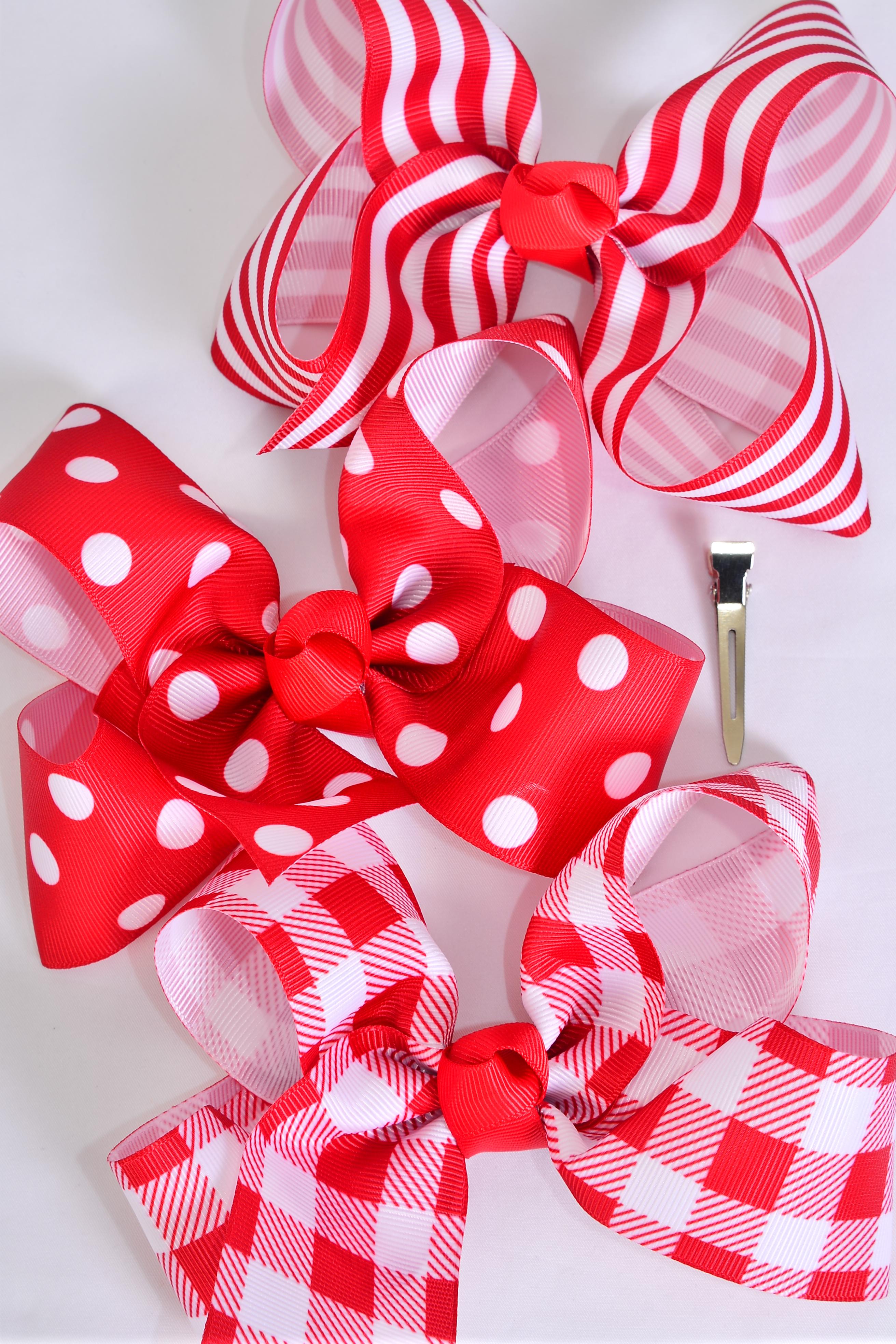 Hair Bow Jumbo Polka dots Plaid Stripe Pattern Mix Grosgrain Bow-tie ...