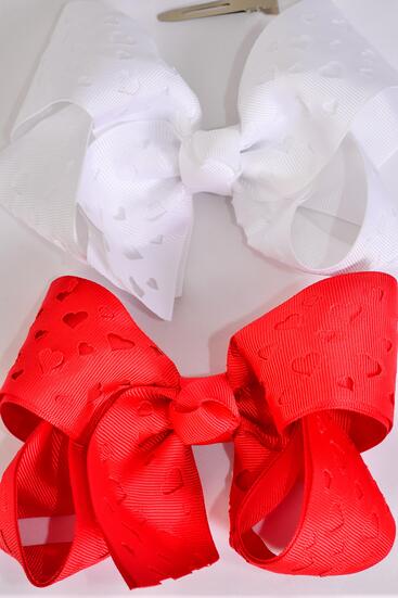 Hair Bow Jumbo Double Layered Heart Grosgrain Bow-tie Red White Mix / 12 pcs Bow = Dozen Alligator Clip , Size - 6" x 5" Wide , 6 Red , 6 White Color Mix , Clip Strip and UPC Code