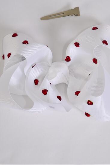 Hair Bow Jumbo Heart Studded Grosgrain Bow-tie White / 12 pcs Bow = Dozen White , Alligator Clip , Size - 6" x 5" Wide , Clip Strip & UPC Code