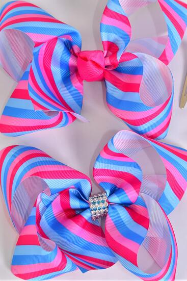 Hair Bow Jumbo Stripe Blue Pink Color Mix Grosgrain Bow-tie / 12 pcs Bow = Dozen Stripe , Alligator Clip , Size - 6" x 5" Wide , Clip Strip & UPC Code