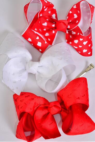 Hair Bow Jumbo Double Layered Heart Grosgrain Bow-tie /  12 pcs Bow = Dozen  Alligator Clip , Size - 6" x 5" Wide , 4 of each Pattern Asst , Clip Strip and UPC Code