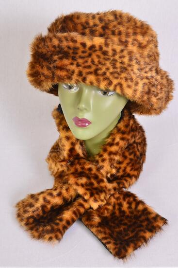 Hats Womens Leopard Plush Faux Fur Bucket Hat Scarf Matching Sets / Sets  Leopard , Scarf - 36" x 5.5 Wide , W OPP Bag