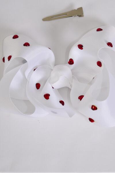 Hair Bow Jumbo Heart Studded Grosgrain Bow-tie White / 12 pcs Bow = Dozen White , Alligator Clip , Size - 6" x 5" Wide , Clip Strip & UPC Code