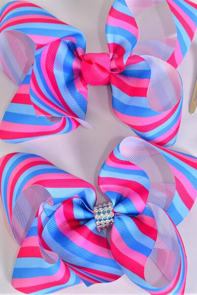 Hair Bow Jumbo Stripe Blue Pink Color Mix Grosgrain Bow-tie / 12 pcs Bow = Dozen Stripe , Alligator Clip , Size - 6" x 5" Wide , Clip Strip & UPC Code