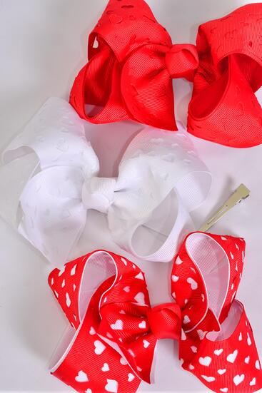 Hair Bow Jumbo Double Layered Heart Grosgrain Bow-tie /  12 pcs Bow = Dozen  Alligator Clip , Size - 6" x 5" Wide , 4 of each Pattern Asst , Clip Strip and UPC Code