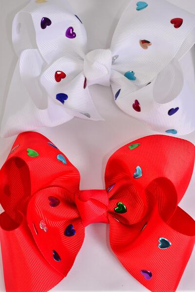Hair Bow Jumbo Metallic Heart Studded Grosgrain Bow-tie Red White Color Mix / 12 pcs Bow = Dozen  Alligator Clip , Size - 6" x 5" Wide , 6 Red , 6 White Color Asst , Clip Strip & UPC Code