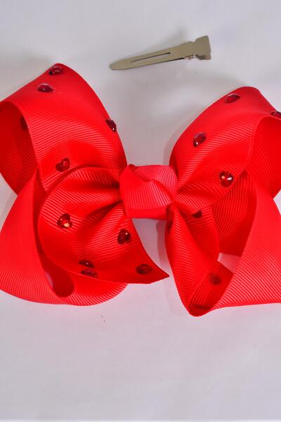 Hair Bow Jumbo Heart Studded Grosgrain Bow-tie Red / 12 pcs Bow = Dozen Red , Alligator Clip , Size - 6" x 5" Wide , Clip Strip & UPC Code