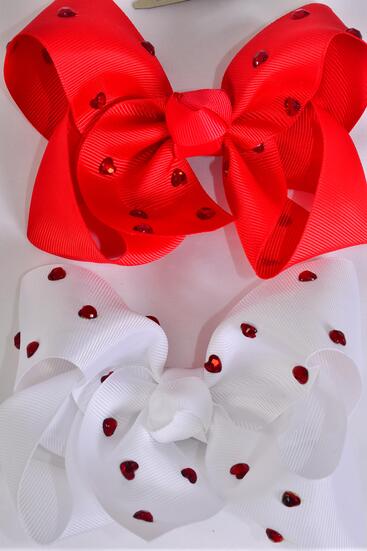 Hair Bow Jumbo Heart Studded Grosgrain Bow-tie / 12 pcs Bow = Dozen Heart , Alligator Clip , Size - 6" x 5" Wide , 6 of each Pattern Asst , Clip Strip & UPC Code