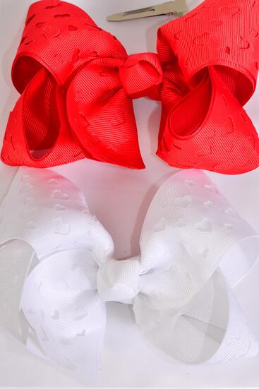 Hair Bow Jumbo Double Layered Heart Grosgrain Bow-tie Red White Mix / 12 pcs Bow = Dozen Alligator Clip , Size - 6" x 5" Wide , 6 Red , 6 White Color Mix , Clip Strip and UPC Code