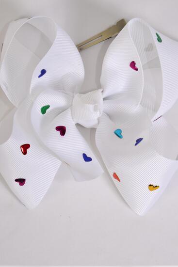 Hair Bow Jumbo Metallic Heart Studded Grosgrain Bow-tie White / 12 pcs Bow = Dozen  White , Alligator Clip , Size - 6" x 5" Wide , Clip Strip & UPC Code