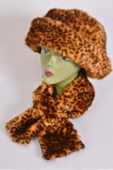 Hats Womens Leopard Plush Faux Fur Bucket Hat Scarf Matching Sets / Sets  Leopard , Scarf - 36" x 5.5 Wide , W OPP Bag