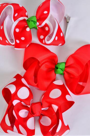 Hair Bow Jumbo Christmas Polka Dots Grosgrain Bow-tie Red / 12 pcs Bow = Dozen  Alligator Clip , Size - 6" x 5" Wide , Clip Strip & UPC Code