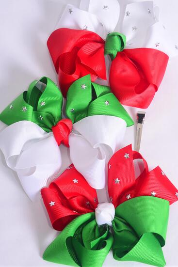 Hair Bow Jumbo Bow Christmas Silver Star Studded Grosgrain Bow-tie / 12 pcs Bow = Doze Alligator Clip , Size - 6" x 5" Wide , 4 of each Color Asst , Clip Strip & UPC Code