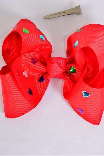 Hair Bow Jumbo Metallic Heart Studded Grosgrain Bow-tie Red / 12 pcs Bow = Dozen  Red , Alligator Clip , Size - 6" x 5" Wide , Clip Strip & UPC Code