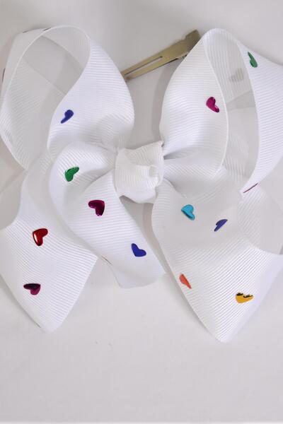 Hair Bow Jumbo Metallic Heart Studded Grosgrain Bow-tie White / 12 pcs Bow = Dozen  White , Alligator Clip , Size - 6" x 5" Wide , Clip Strip & UPC Code