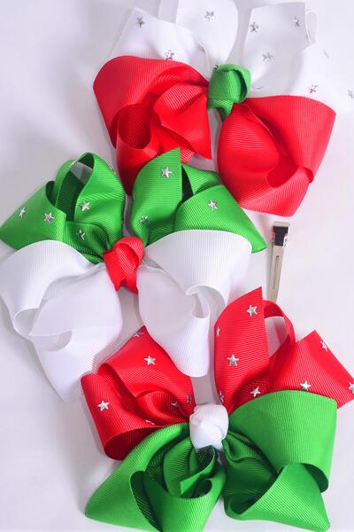 Hair Bow Jumbo Bow Christmas Silver Star Studded Grosgrain Bow-tie / 12 pcs Bow = Doze Alligator Clip , Size - 6" x 5" Wide , 4 of each Color Asst , Clip Strip & UPC Code