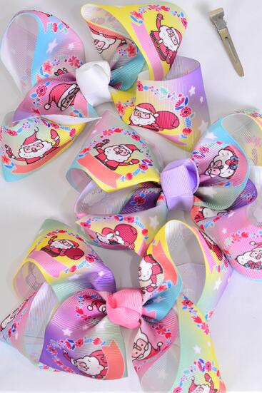 Hair Bow Jumbo Ho Ho Santa Sleigh Pattern Mix Grosgrain Bow-tie / 12 pcs Bow = Dozen  Alligator Clip , Size - 6" x 5" Wide , 4 Of Each Pattern Asst , Clip Strip & UPC Code