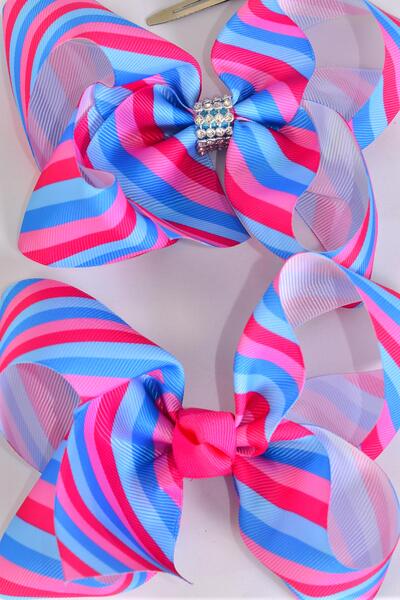 Hair Bow Jumbo Stripe Blue Pink Color Mix Grosgrain Bow-tie / 12 pcs Bow = Dozen Stripe , Alligator Clip , Size - 6" x 5" Wide , Clip Strip & UPC Code