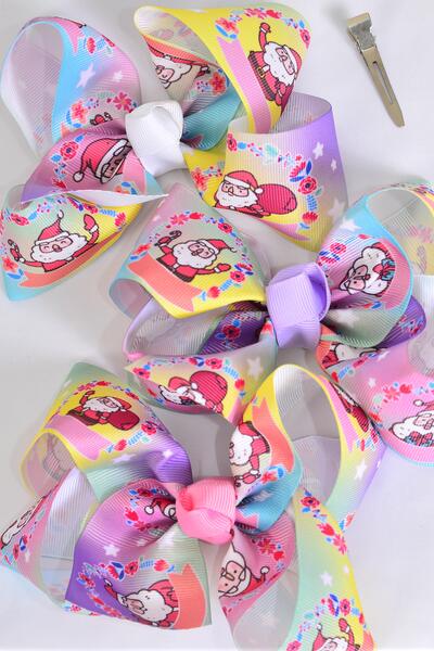 Hair Bow Jumbo Ho Ho Santa Sleigh Pattern Mix Grosgrain Bow-tie / 12 pcs Bow = Dozen  Alligator Clip , Size - 6" x 5" Wide , 4 Of Each Pattern Asst , Clip Strip & UPC Code