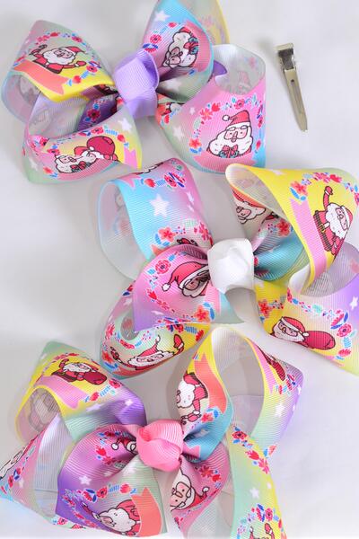 Hair Bow Jumbo Christmas Ho Ho Santa Sleigh Grosgrain Bow-tie / 12 pcs Bow = Dozen Alligator Clip , Size - 6" x 5" Wide , 4 Of Each Pattern Asst , Clip Strip & UPC Code