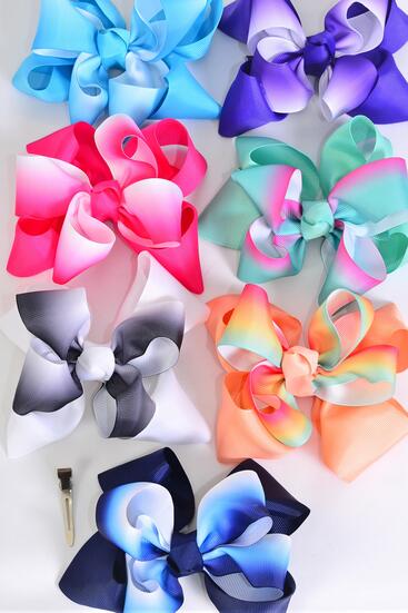 Hair Bow Jumbo Double Layered Gradient Tiedye Grosgrain Bow-tie / 12 pcs Bow = Dozen Multi , Alligator Clip , Size - 6" x 5" Wide , 2 Aqua , 2 White , 2 Fuchsia , 2 Purple , 2 Navy , 1 Blue , 1 Peach Color Asst , Clip Strip & UPC Code